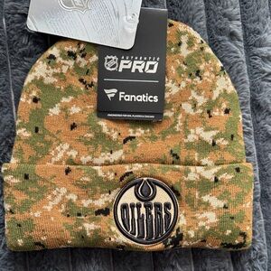 Fanatics Oilers Camo Beanie - Green, Brown, and Black